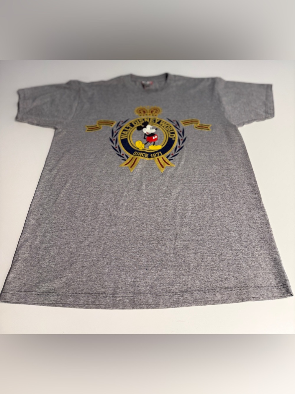 Vintage Disney Grey Short Sleeve Tee with Yellow Crest and Mickey